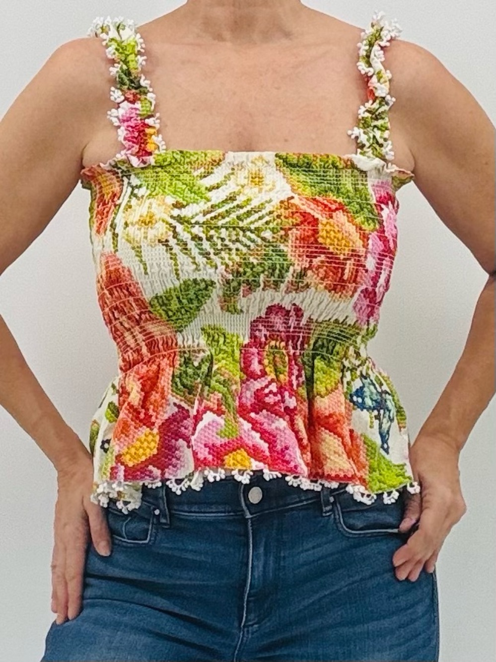 FARM Rio Vintage Boho Coquette Floral Print Smocked Crochet Peplum Camisole Top
